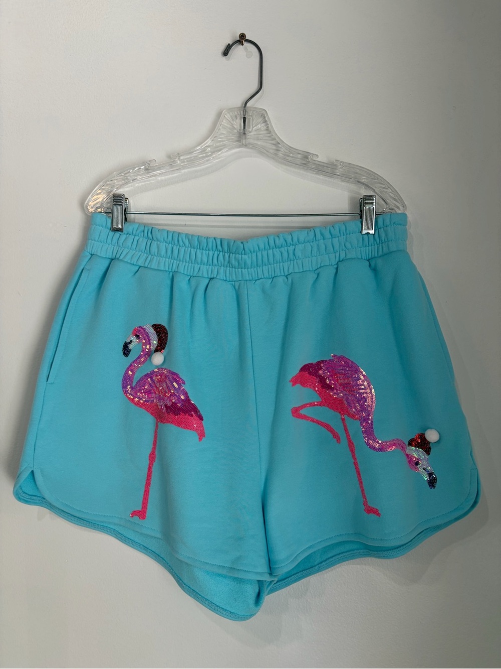 QUEEN OF SPARKLES Turquoise Flamingo Sequin Athletic Shorts